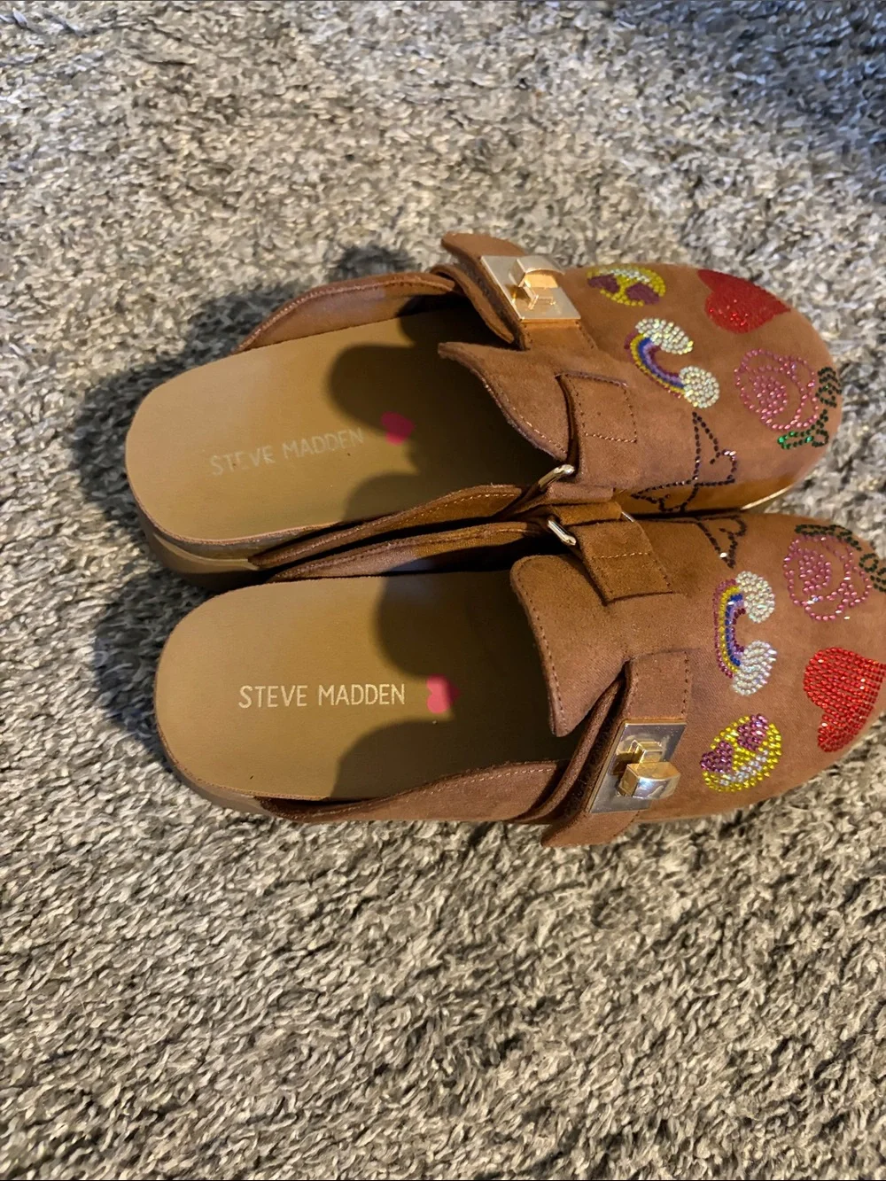 Steve Madden Brown Suede Kids Clogs with Colorful Rhinestone Hearts & Rainbows